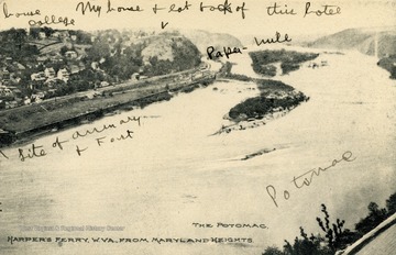 Looking north-west up the Potomac River, several landmarks and structure such as Storer College, the Armory and the Hill Top Hotel can be seen.(From postcard collection legacy system.)