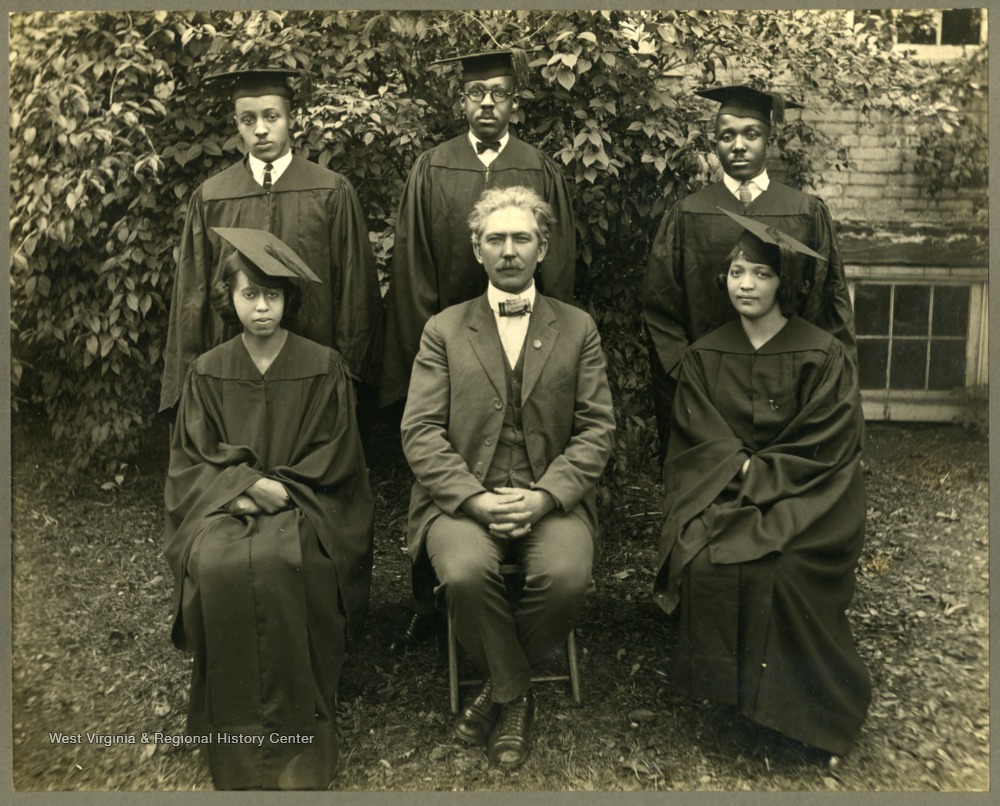 Five 1924 graduates with Pres. (Dr.) McDonald. First Row: Madison S. Briscoe, Robt. S. Chase, Geo B. Toodle. Second Row: Florence A. Warfield, Dr. McDonald, Anna K. Campbell.