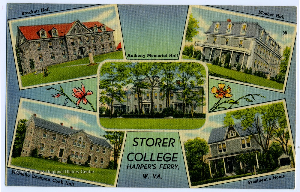 Five of the college buildings on Storer College campus are depicted on this post card.  Buildings include: Brackett Hall, Permelia Eastman Cook Hall, Mosher Hall, Anthony Memorial Hall, and the President's House.